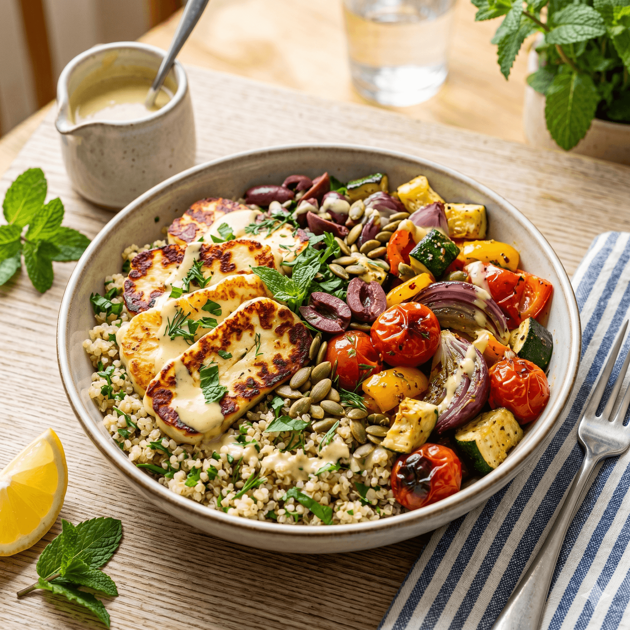 Bowl of quinoa topped with seared halloumi, roasted vegetables, and herbs